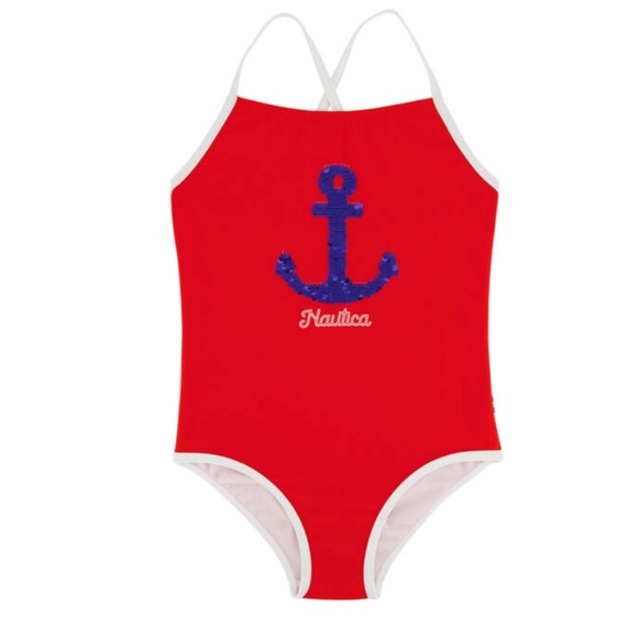 NWT NAUTICA One Piece Flip Sequin Anchor Swimsuit  UPF 50+ Sun Protection SZ 6 - Picture 1 of 7